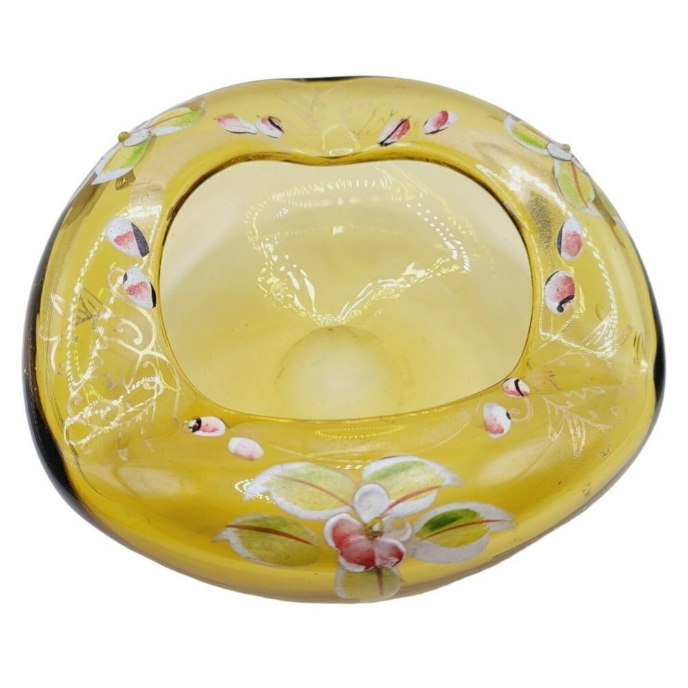 Vintage Amber Blown Glass Ashtray Hand Painted Flowers Gold Gilt Painting